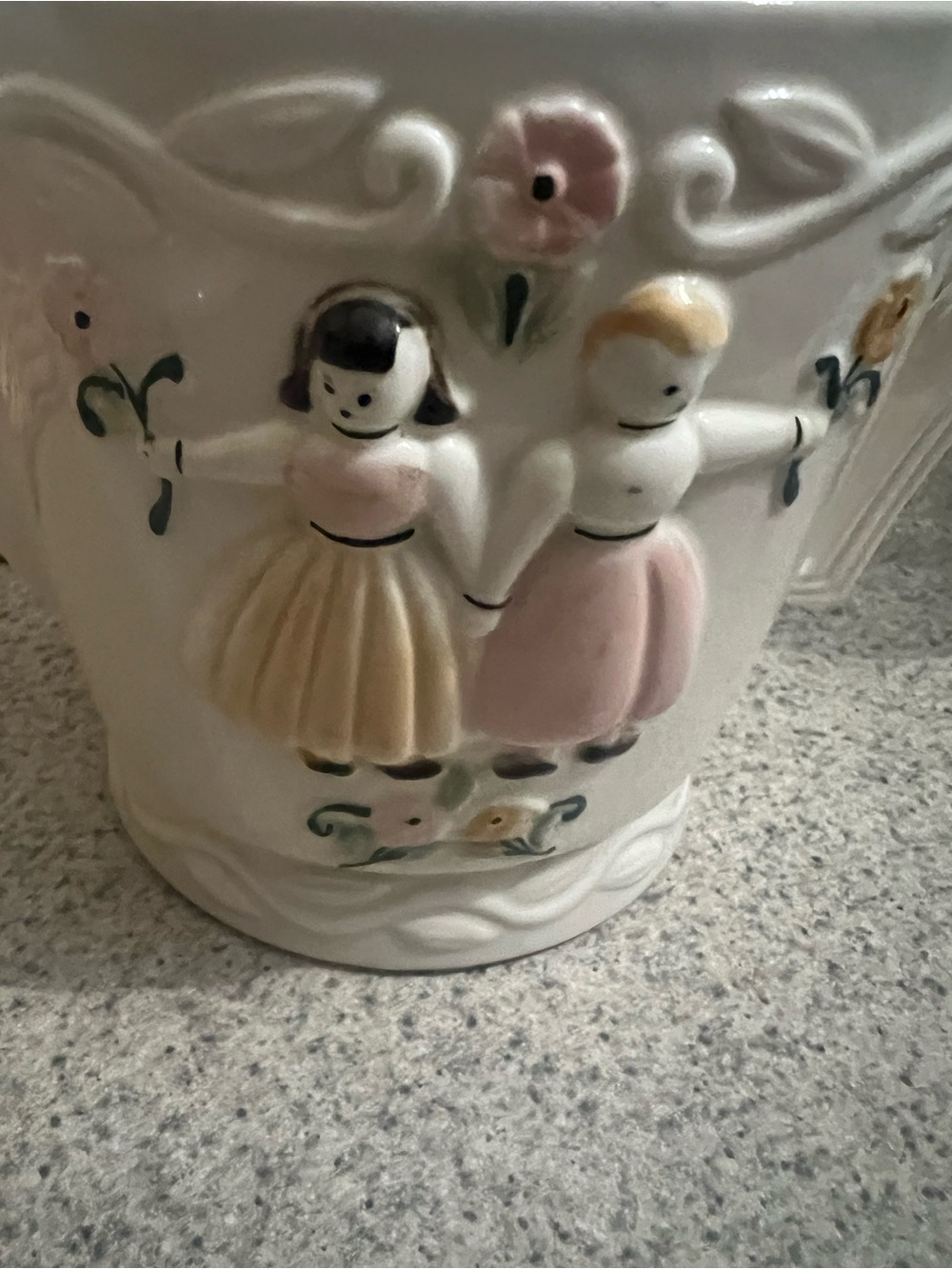Hand-Painted Ceramic Vase with Pink and Cream Figurine Detail